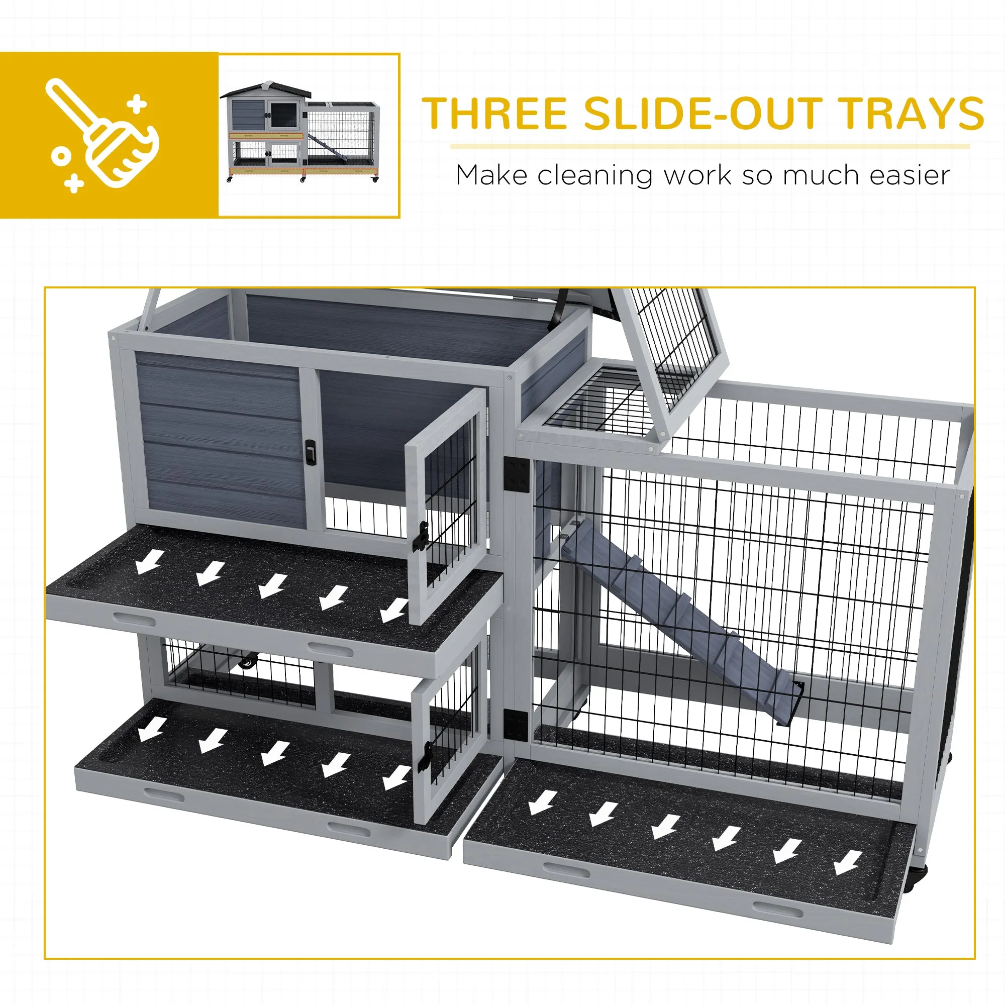 PawHut Rabbit Hutch 2-Story Bunny Cage Small Animal House with Slide Out Tray, Wheels, for Indoor Outdoor, 59.8" x 20.9" x 39.2", Gray