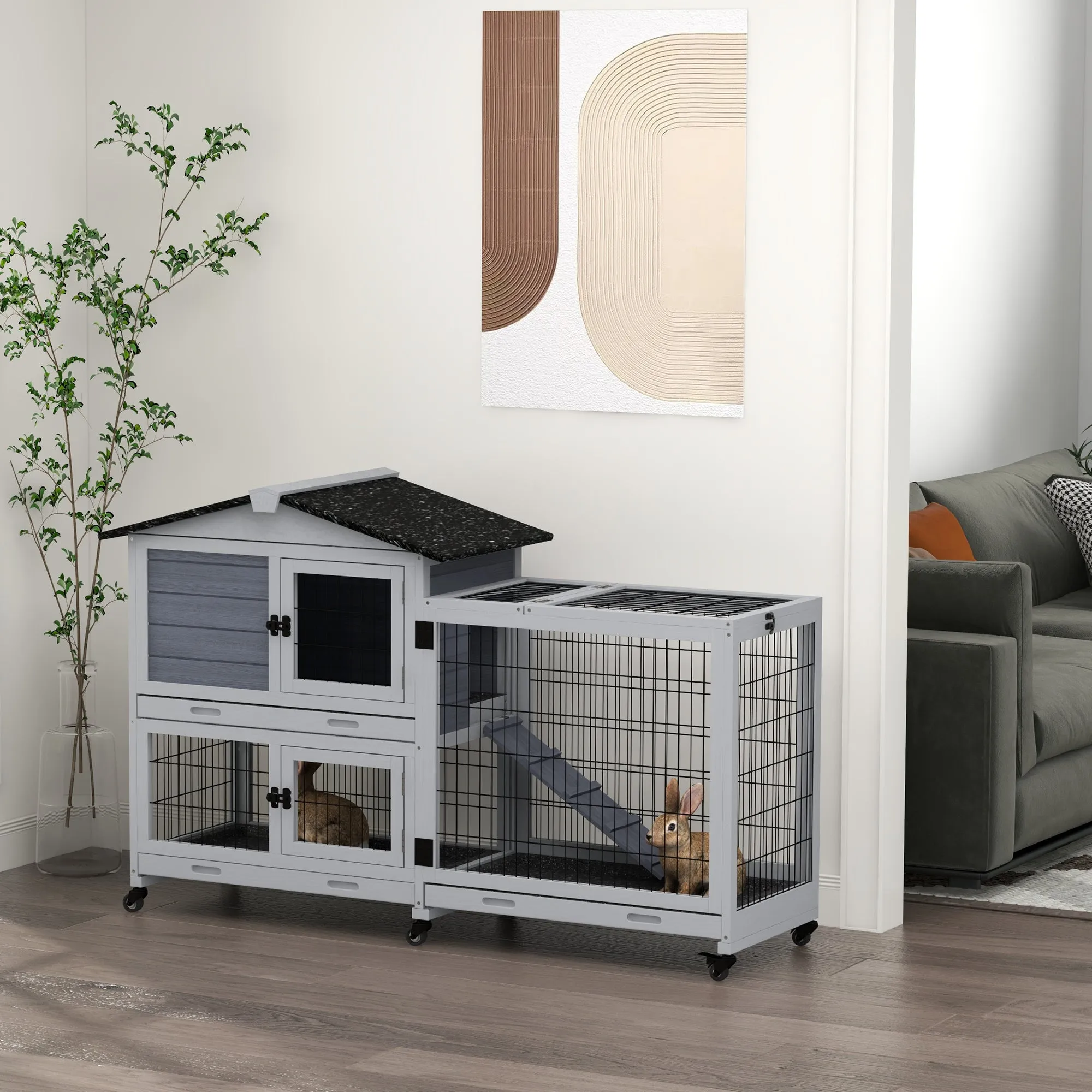 PawHut Rabbit Hutch 2-Story Bunny Cage Small Animal House with Slide Out Tray, Wheels, for Indoor Outdoor, 59.8" x 20.9" x 39.2", Gray