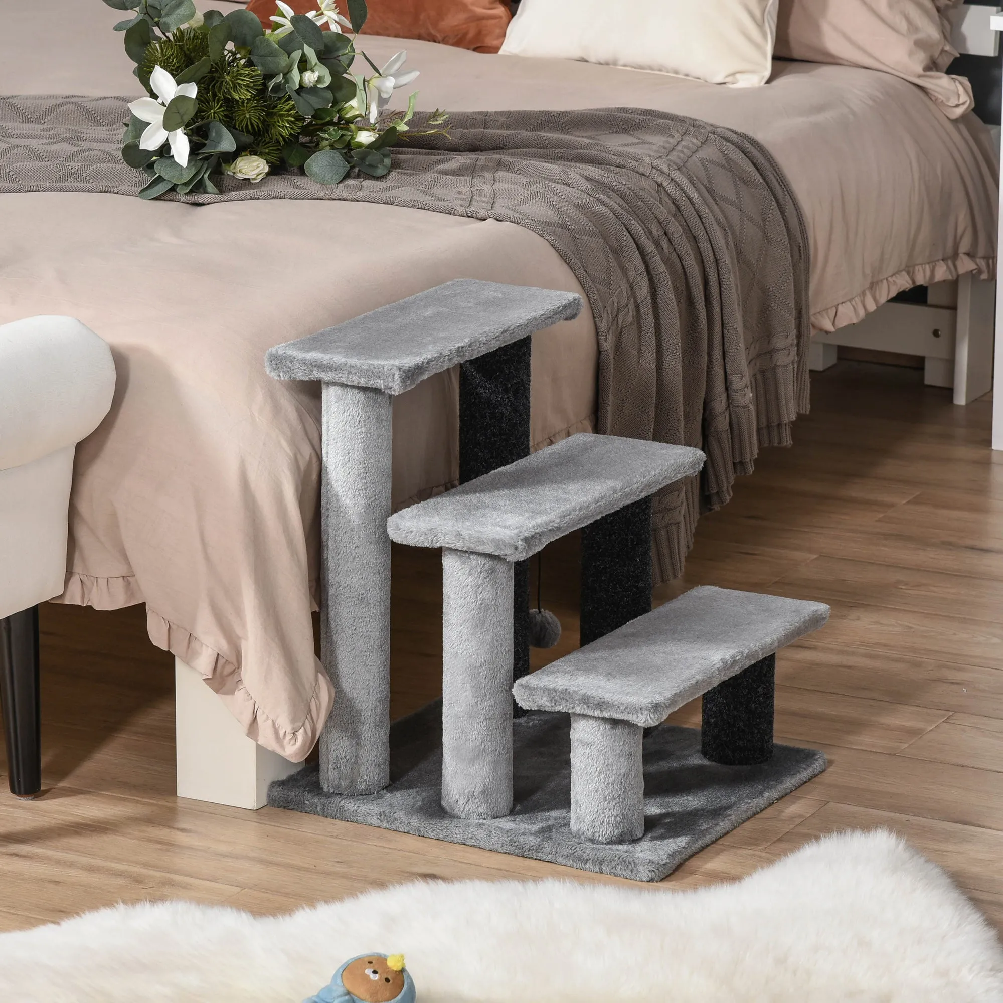 Pet Stairs with 3-step Stair, Scratching Posts, Platforms, Toy Ball