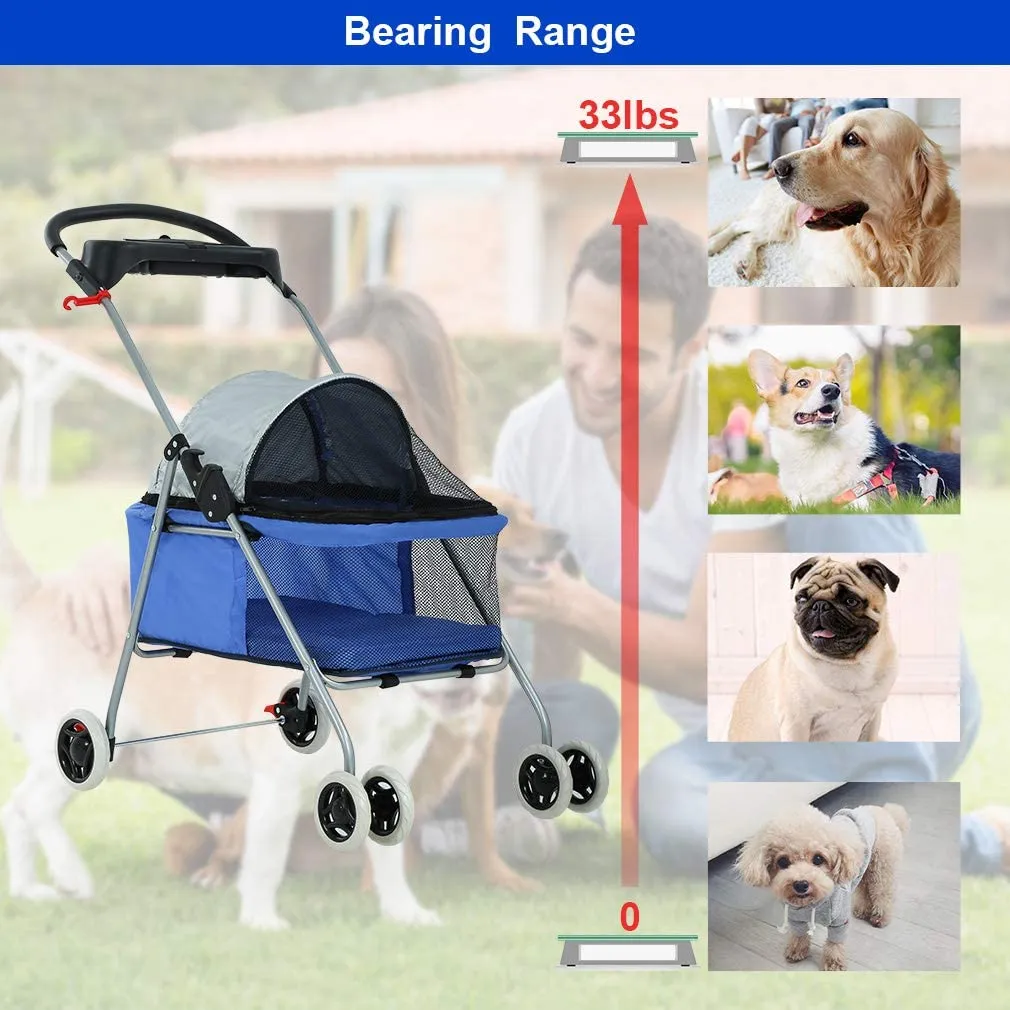 Pet Stroller 4 Wheels Posh Folding Waterproof Portable Travel Cat Dog Stroller with Cup Holder