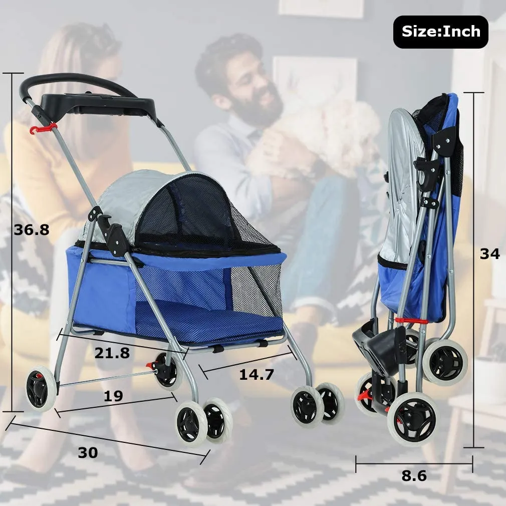 Pet Stroller 4 Wheels Posh Folding Waterproof Portable Travel Cat Dog Stroller with Cup Holder