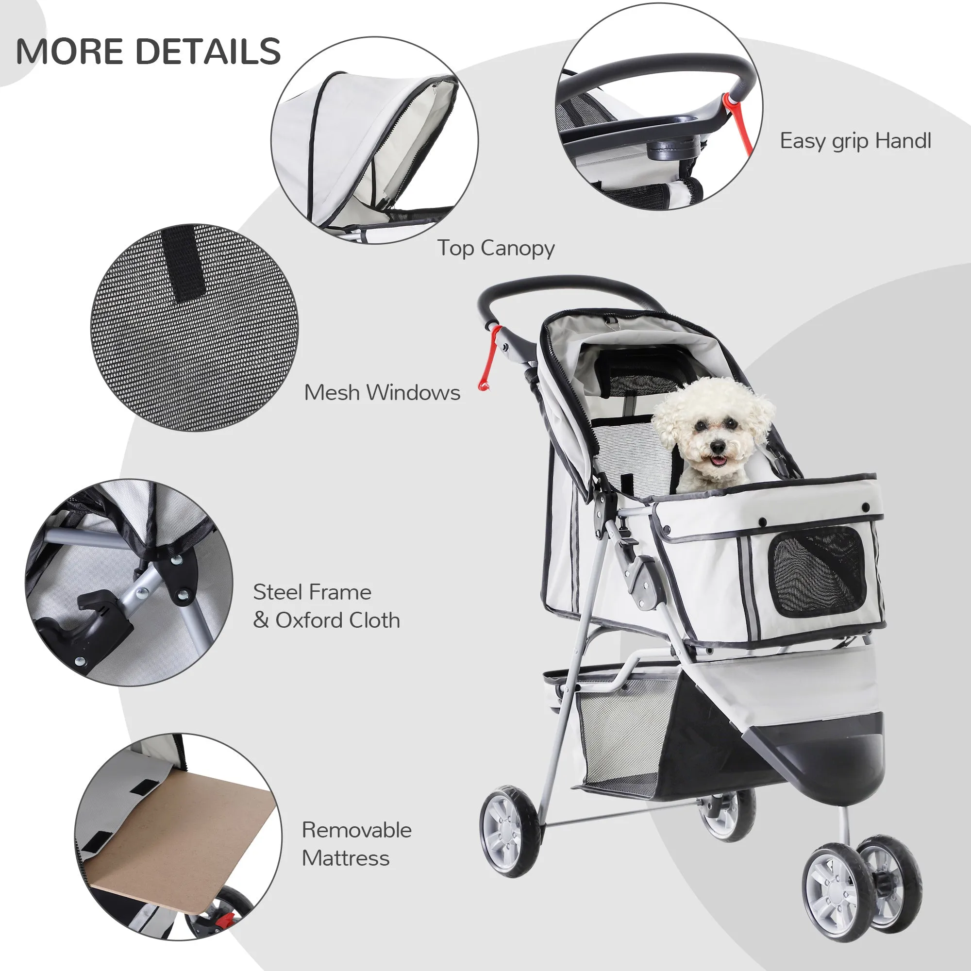 Pet Travel Stroller Cat Dog Pushchair Trolley Puppy Jogger Carrier Three Wheels for Small Miniature Dogs(Grey)