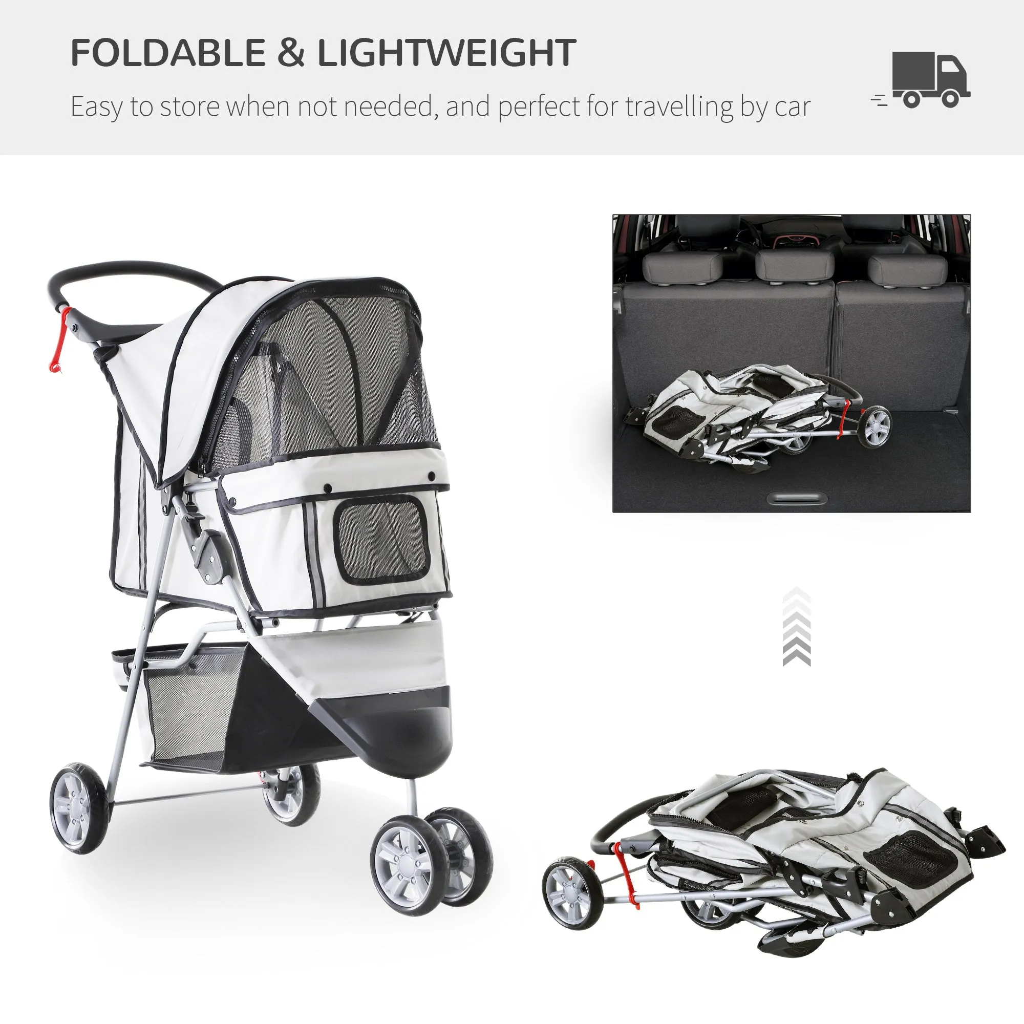 Pet Travel Stroller Cat Dog Pushchair Trolley Puppy Jogger Carrier Three Wheels for Small Miniature Dogs(Grey)