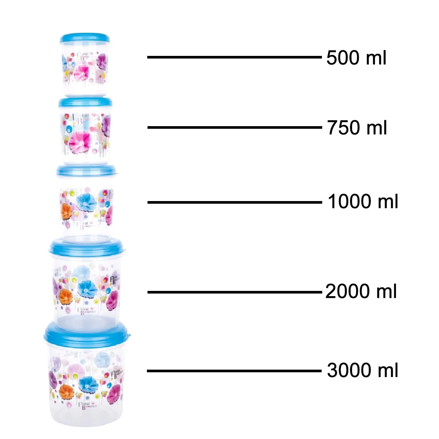 Plastic Transparent Container Air Tight Dabba Set (3000ml, 2000ml, 1000ml, 750ml, 500ml)