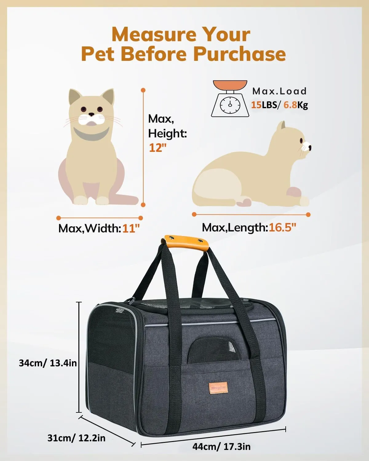 Portable Pet Bag - Folding Fabric Pet Carrier with Locking Safety Zippers, Airline Approved