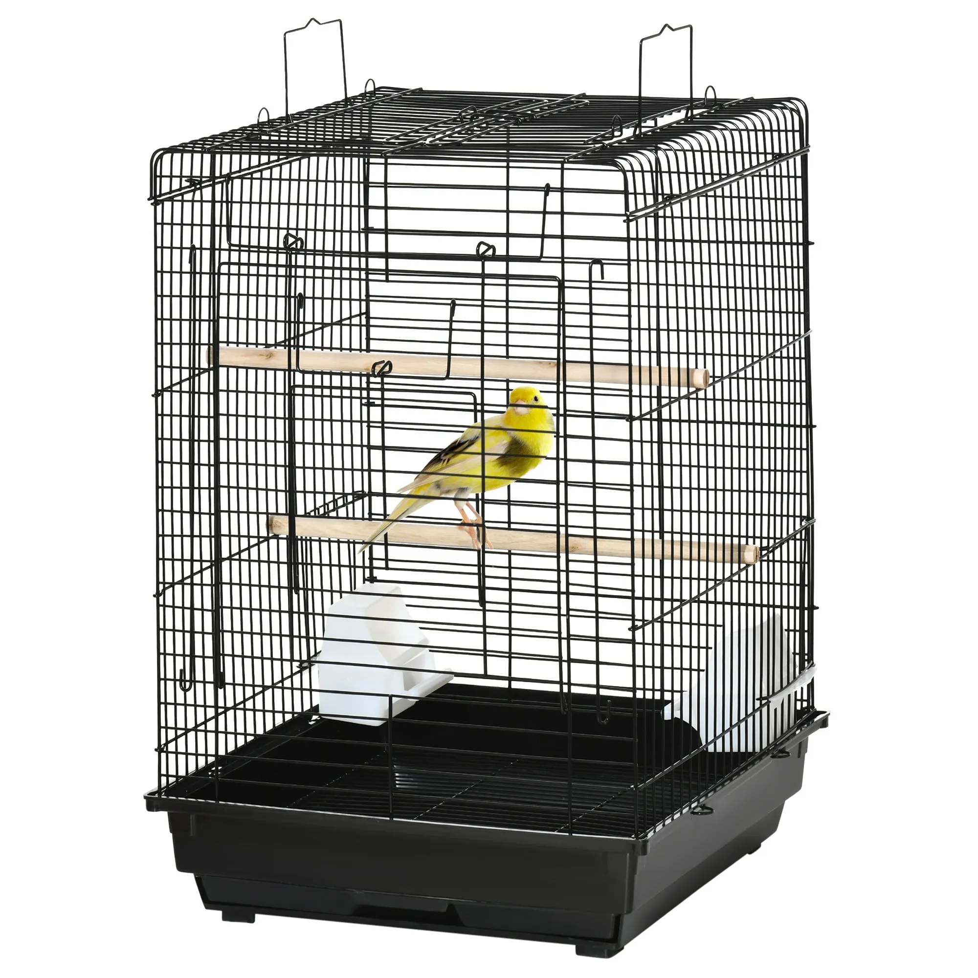 Steel Bird Cage with Openable Top, Stand, Tray, Handles, Feeding Bowls for Parakeet, Finch, Black