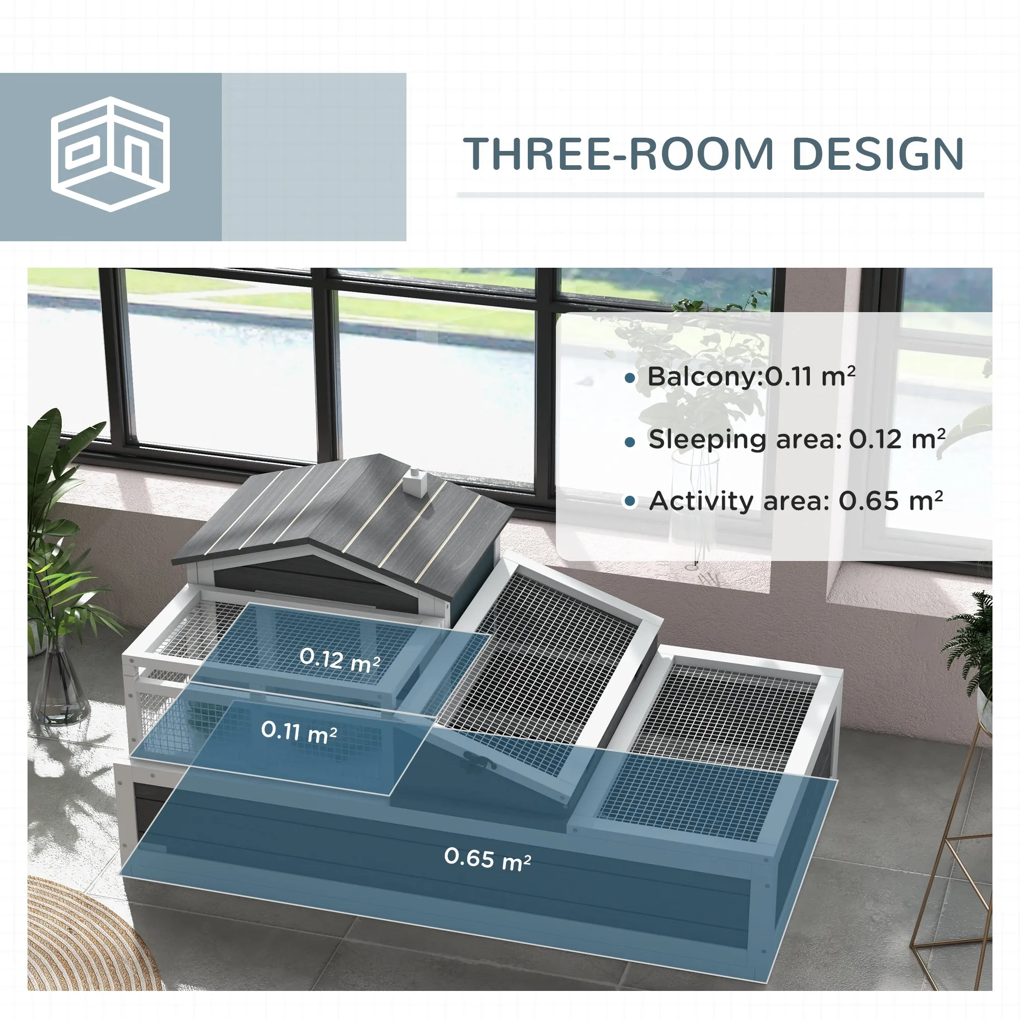 Three-Room Tortoise House Habitat with Balcony, Two-Story Wooden Tortoise House with Ladder, Tray, Openable Roof, Large Reptile Cage, 59H x 112L x 65Wcm