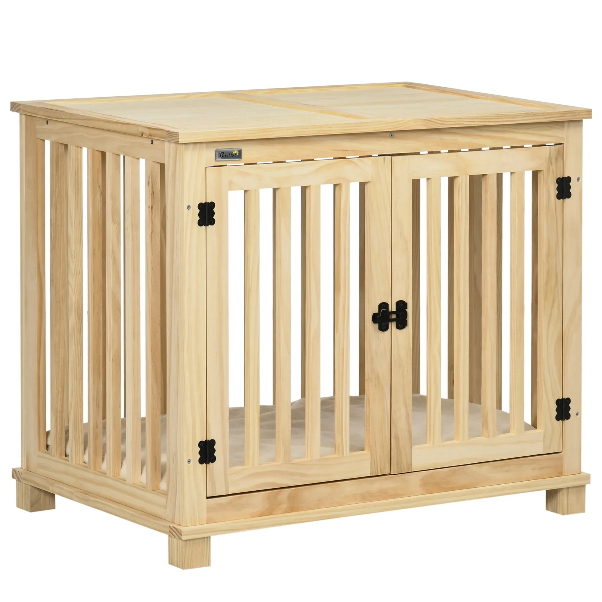 Wooden Dog Crate, with Double Doors, Cushion, for Medium Dogs - Natural Finish