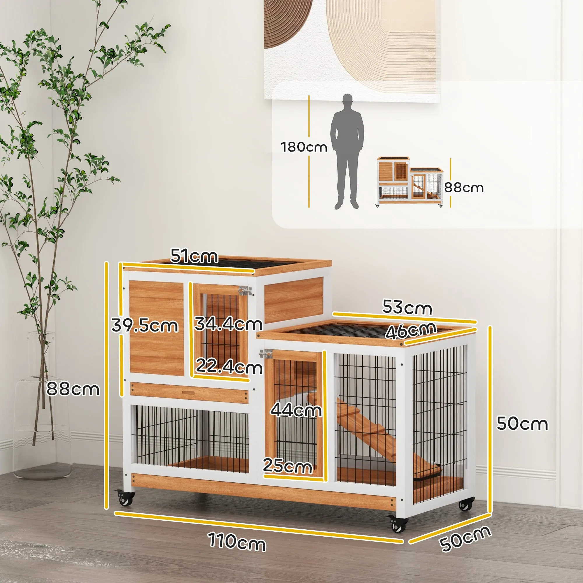 Wooden Indoor Rabbit Hutch Elevated Bunny Cage w/ Enclosed Run Wheel