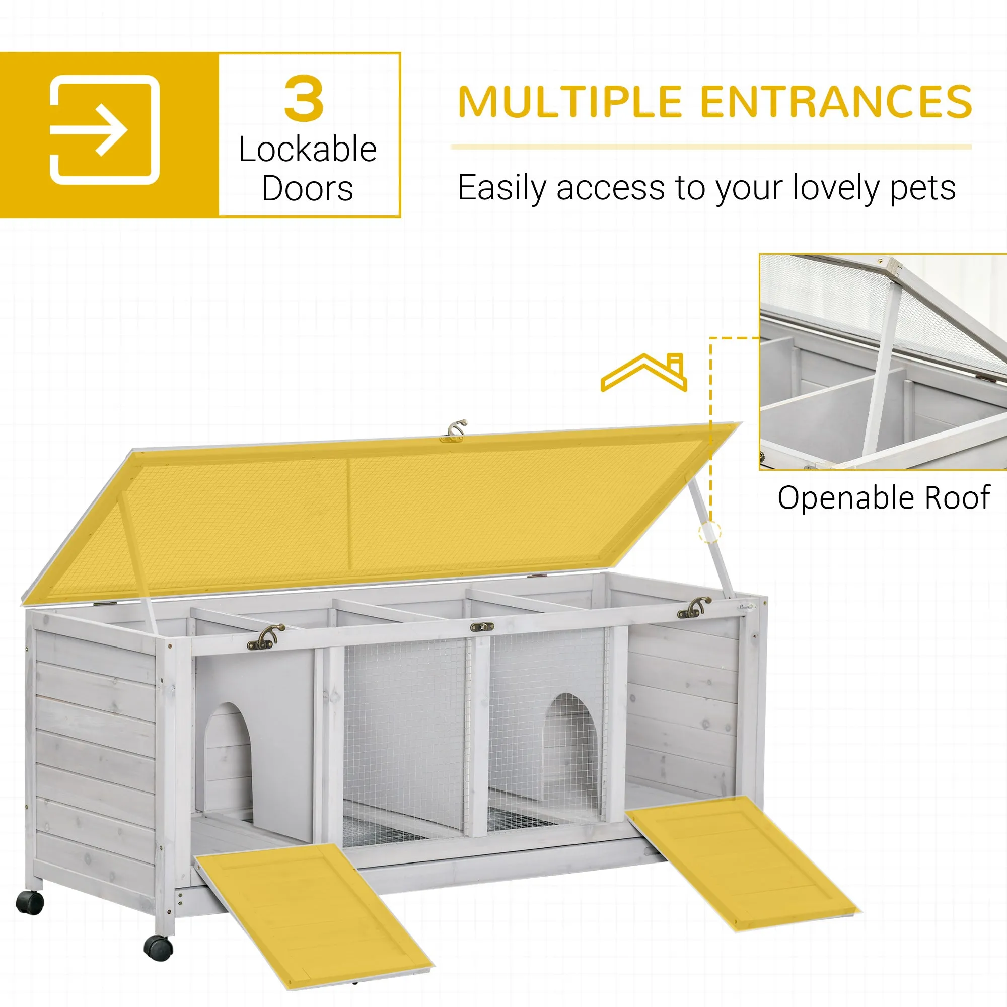 Wooden Rabbit Hutch, Mobile Guinea Pig Cage, Separable Bunny Run, Small Animal House with Wheels, Slide-out Tray, 138 x 53 x 61cm, Grey