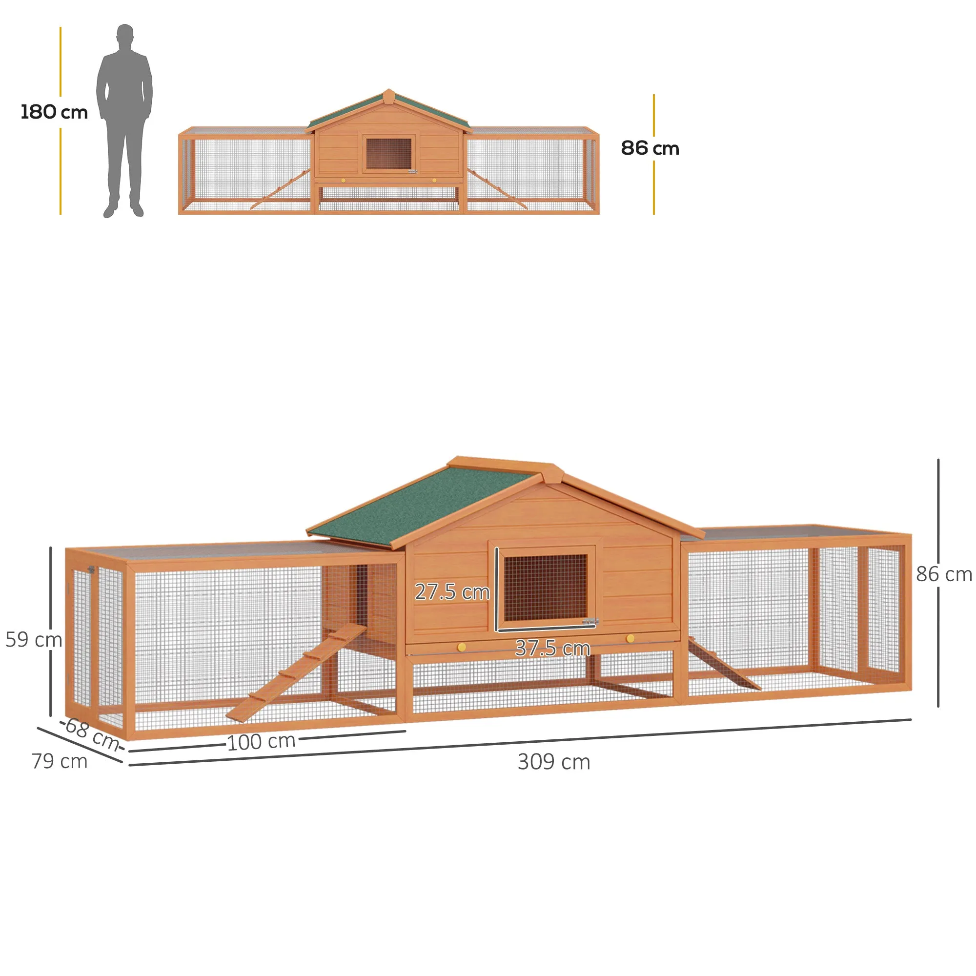 Wooden Rabbit Hutch Outdoor Run, Guinea Pig Hutch, Two-Storey Bunny House, Pet Habitat Animal Cage with Ramp, 309 x 79 x 86 cm